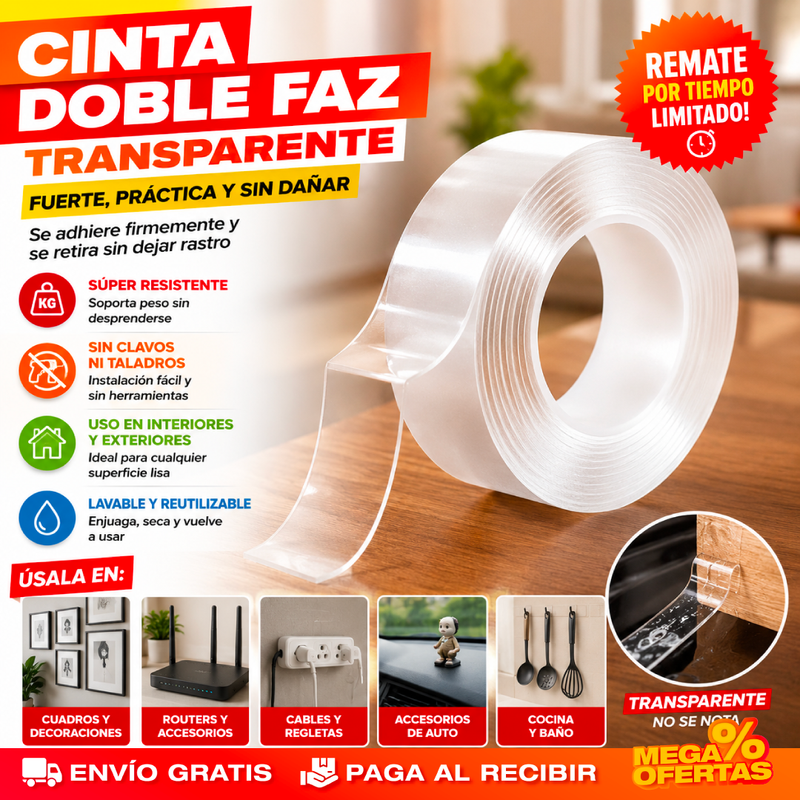 Cinta Doble Faz Transparente – Pega lo Que Sea Sin Dañar la Pared